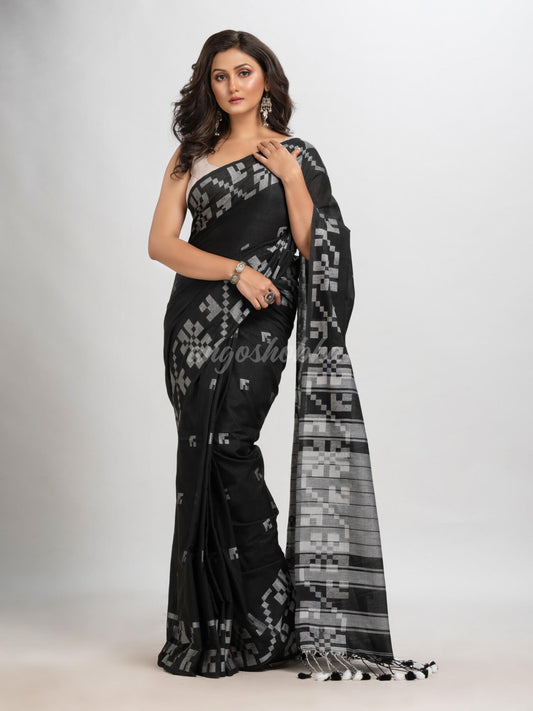 Black cotton jacquard border withe stripe pallu handloom saree