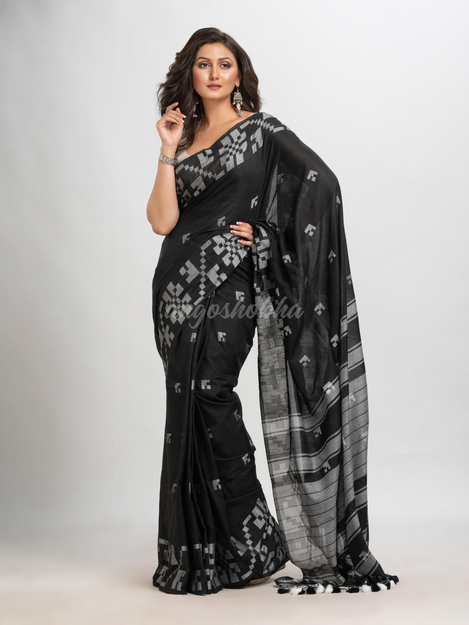 Black cotton jacquard border withe stripe pallu handloom saree
