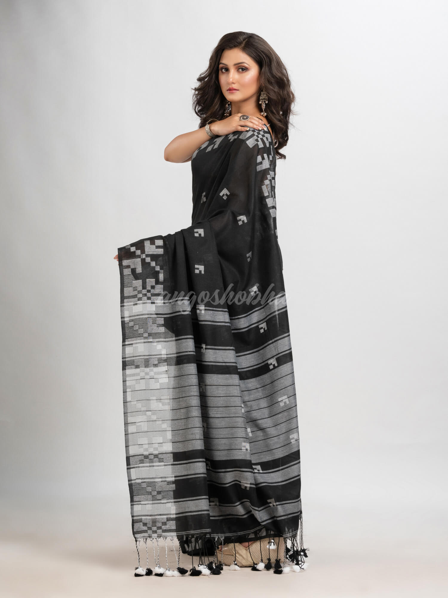 Black cotton jacquard border withe stripe pallu handloom saree