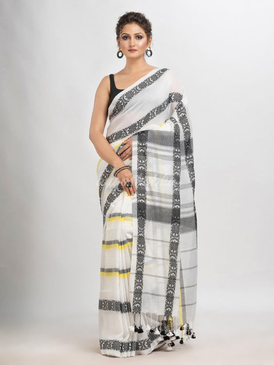 White cotton all body stripe jacquard saree