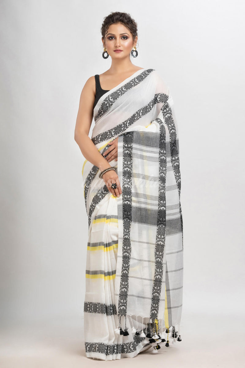 White cotton all body stripe jacquard saree