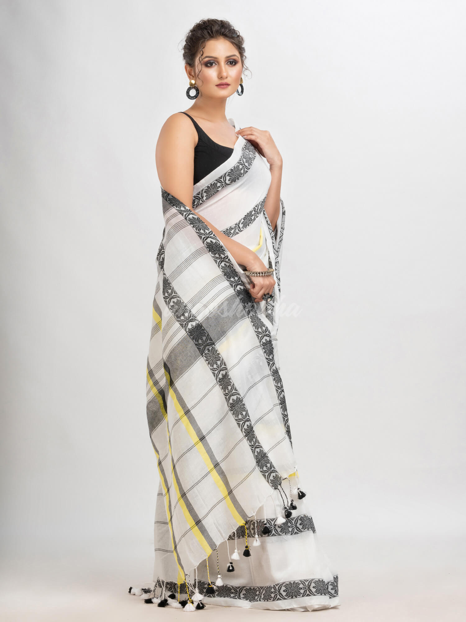 White cotton all body stripe jacquard saree