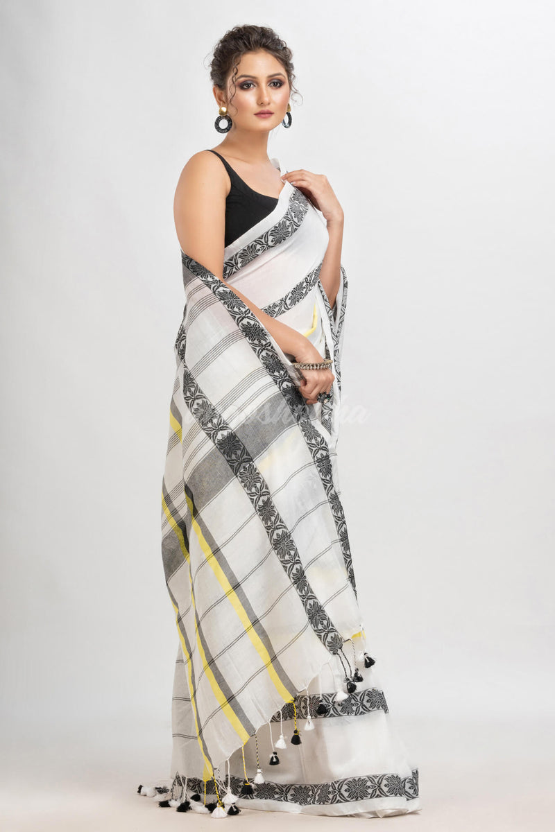 White cotton all body stripe jacquard saree