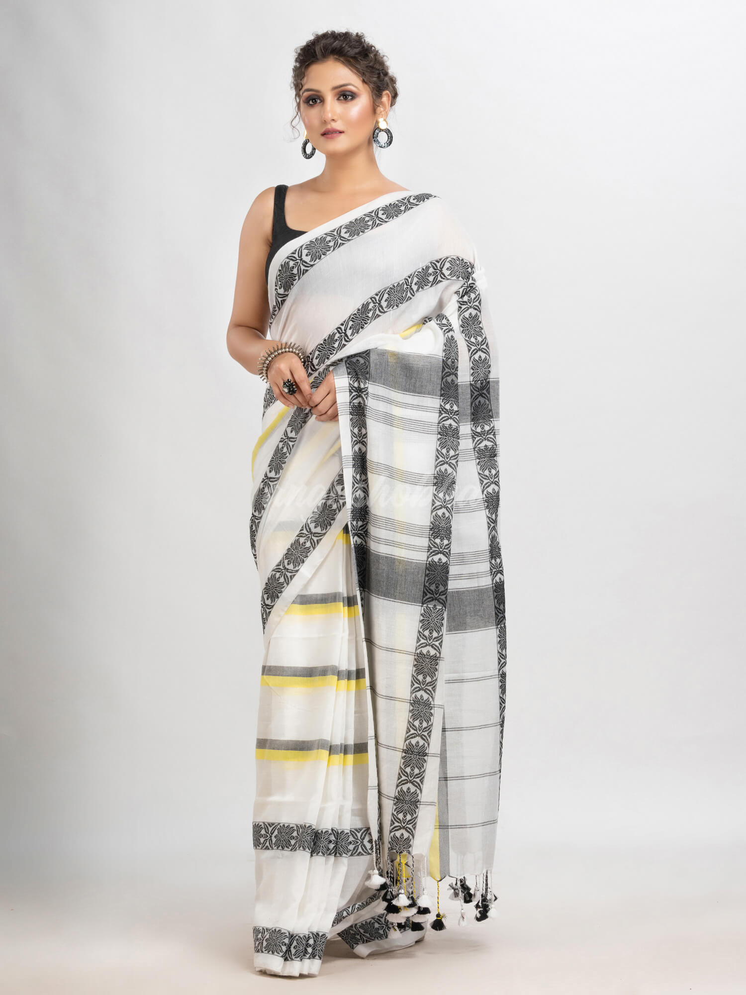White cotton all body stripe jacquard saree