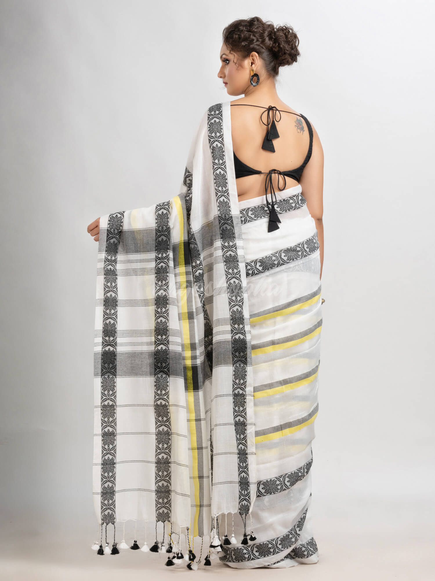 White cotton all body stripe jacquard saree