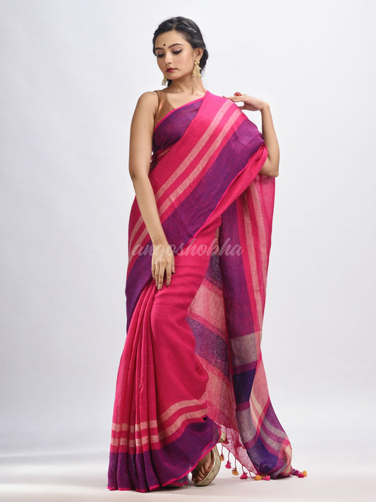 Pink with multi colour pallu handwoven line saree