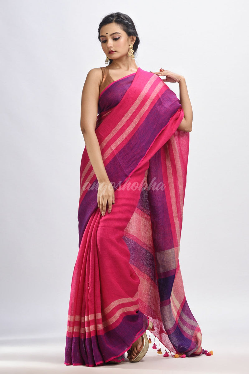 Pink with multi colour pallu handwoven line saree