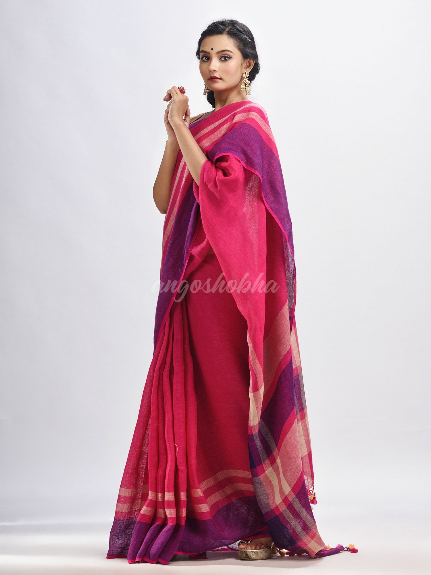 Pink with multi colour pallu handwoven line saree