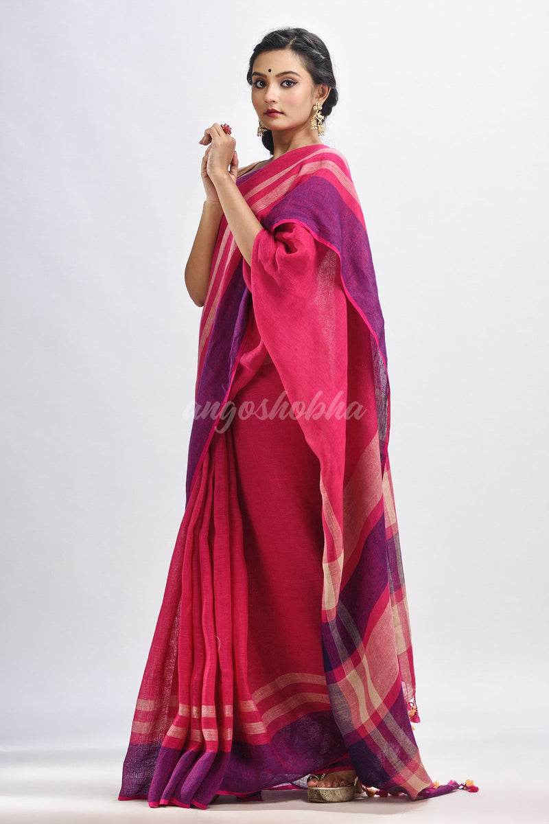 Pink with multi colour pallu handwoven line saree