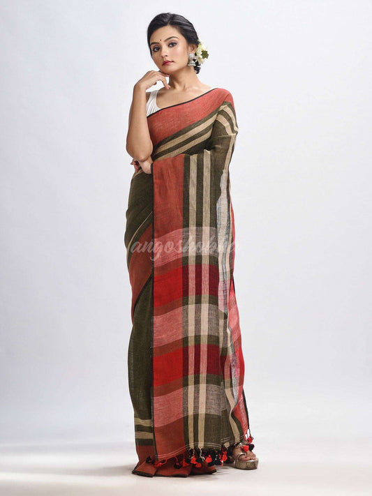 Army green with multi colour pallu handwoven linen saree