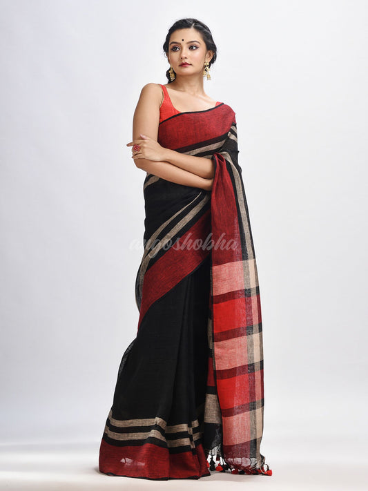 Black with multi colour pallu handwoven linen saree