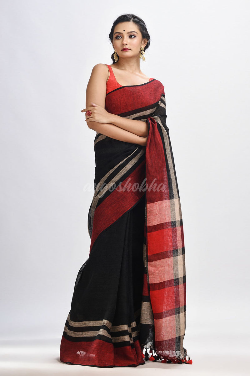 Black with multi colour pallu handwoven linen saree