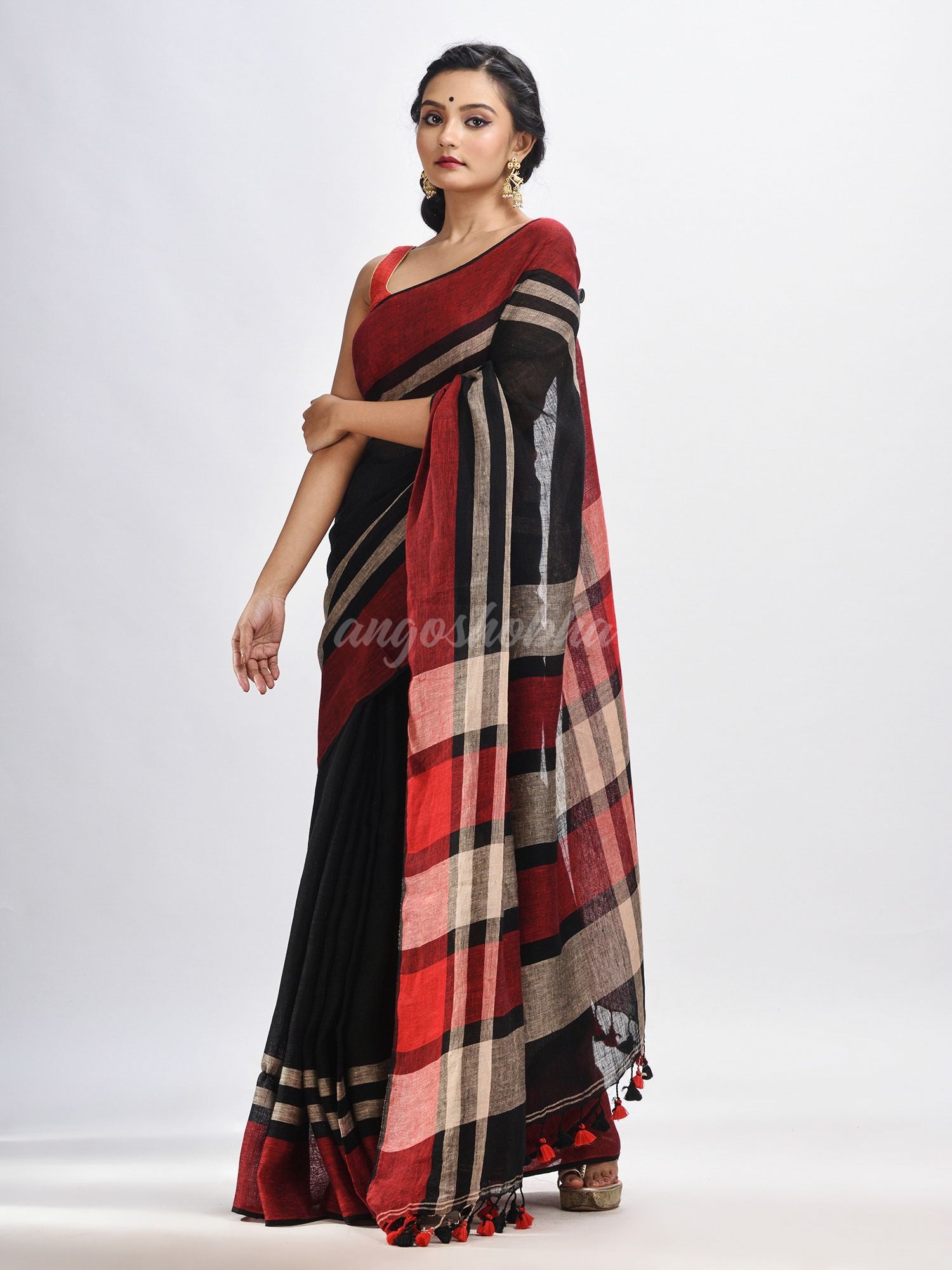 Black with multi colour pallu handwoven linen saree