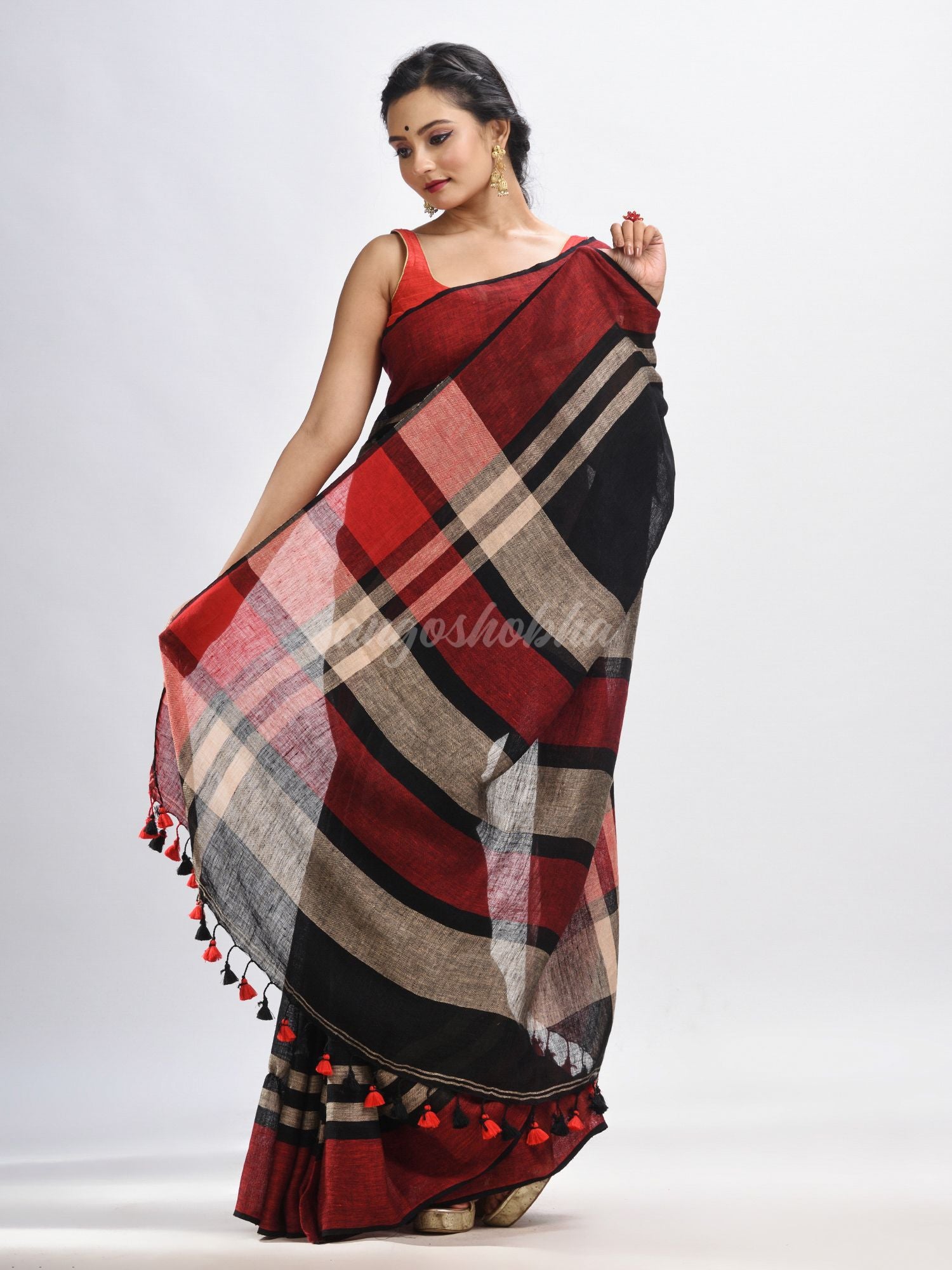 Black with multi colour pallu handwoven linen saree
