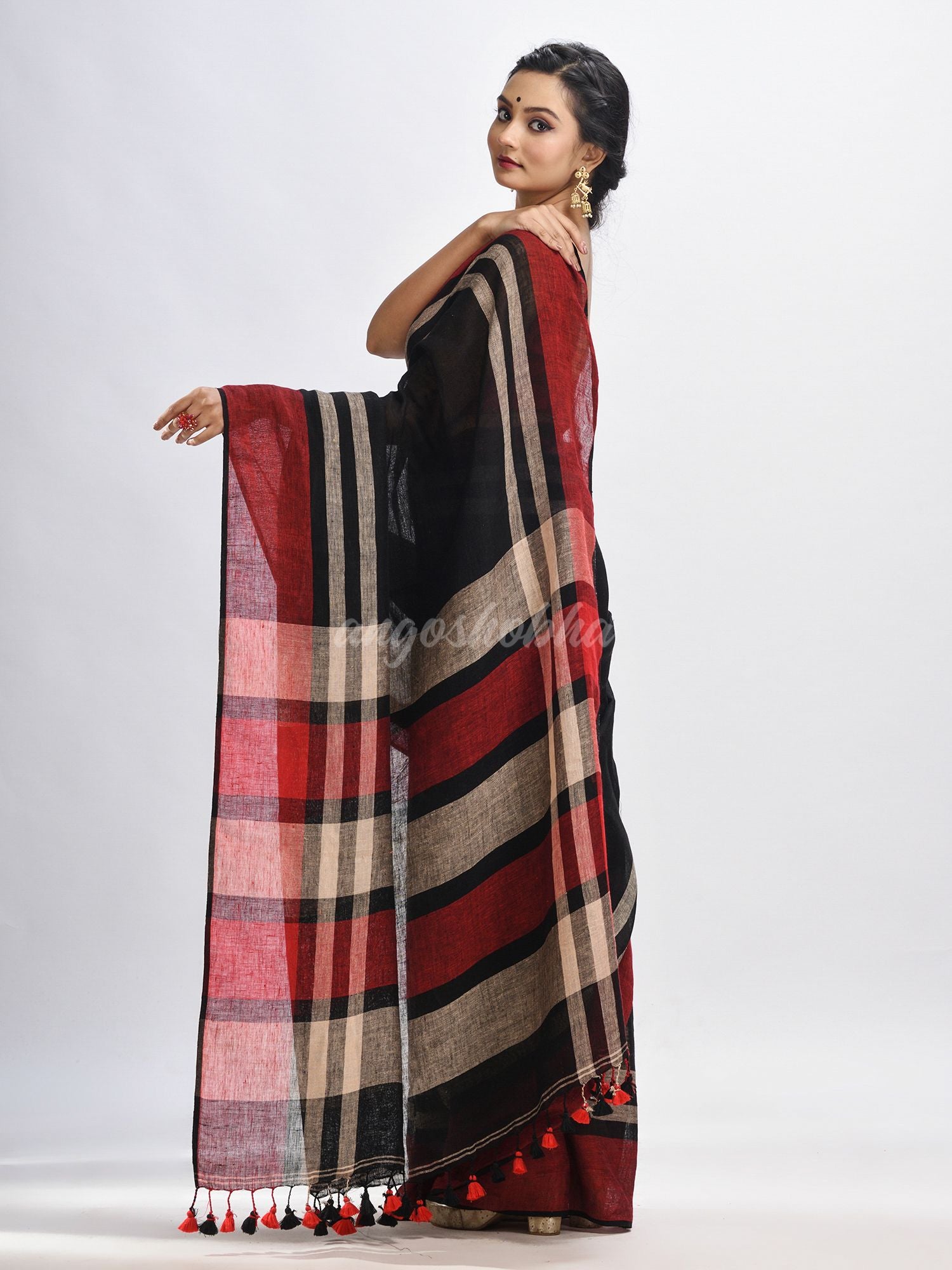 Black with multi colour pallu handwoven linen saree