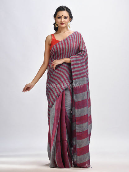 Maroon And Steel Stipe Handwoven linen handloom Saree