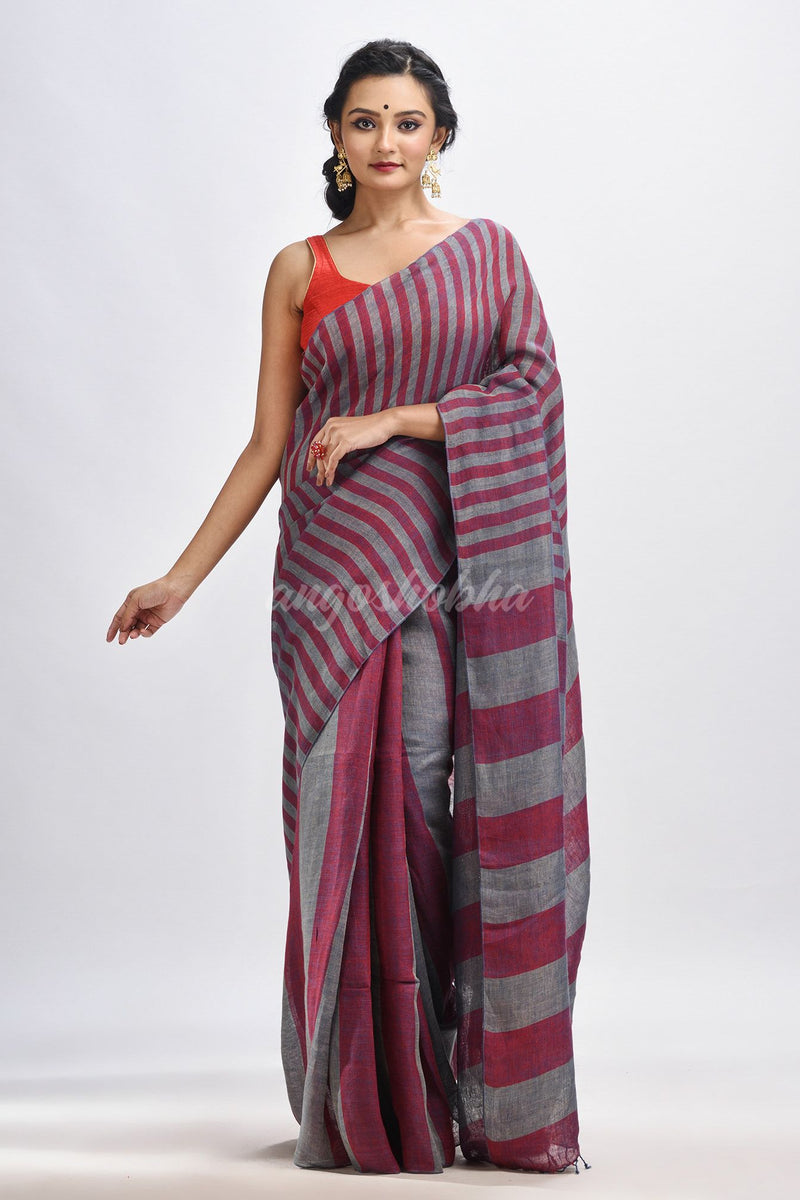 Maroon And Steel Stipe Handwoven linen handloom Saree