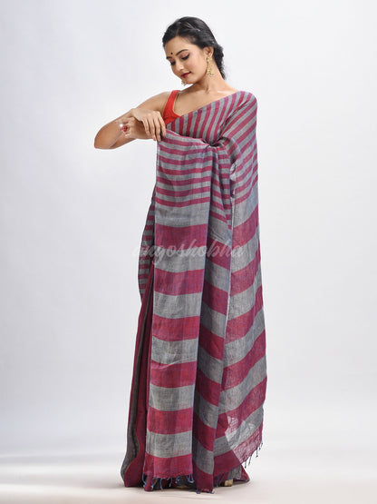 Maroon And Steel Stipe Handwoven linen handloom Saree