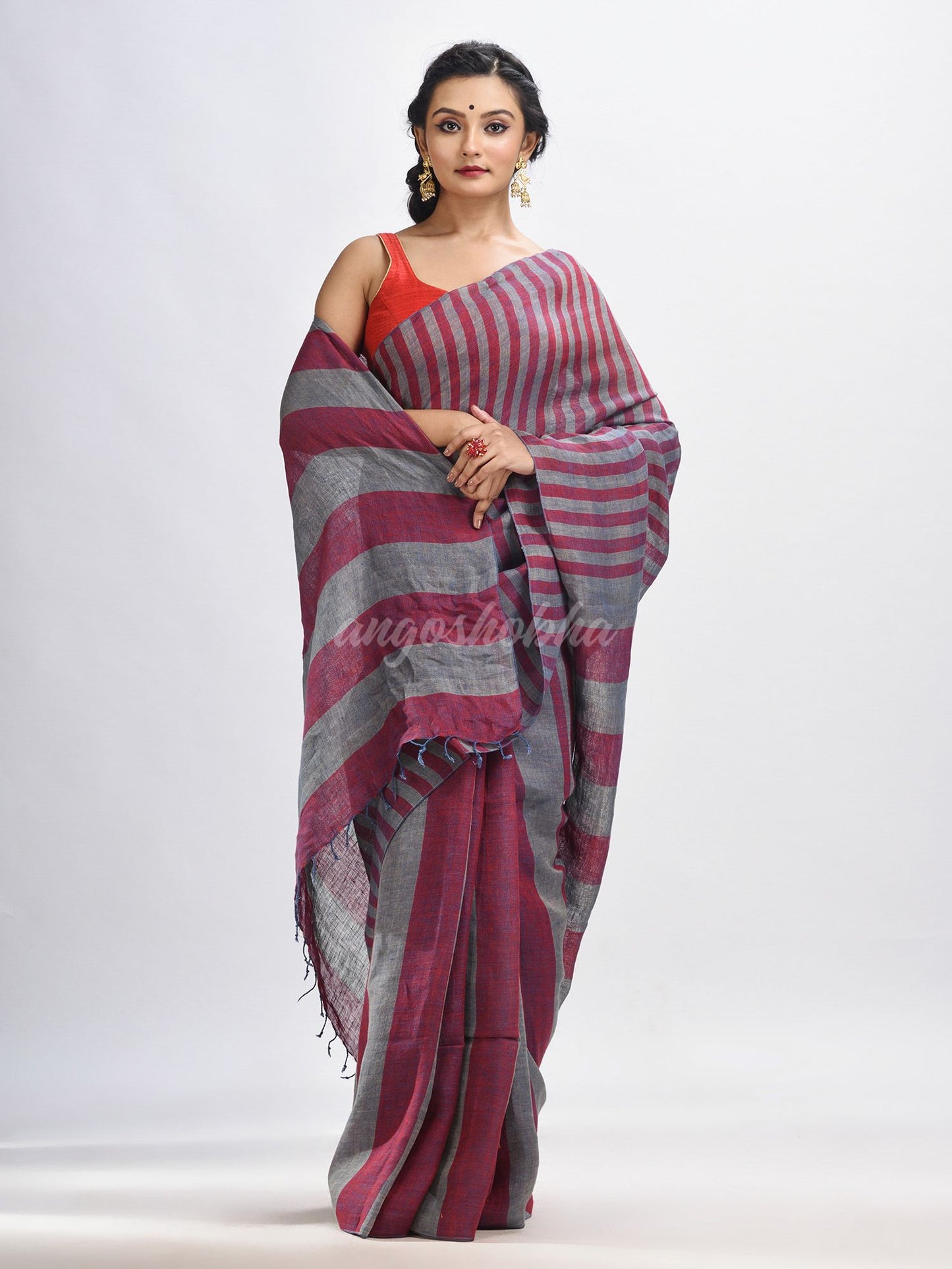 Maroon And Steel Stipe Handwoven linen handloom Saree