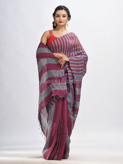 Maroon And Steel Stipe Handwoven linen handloom Saree