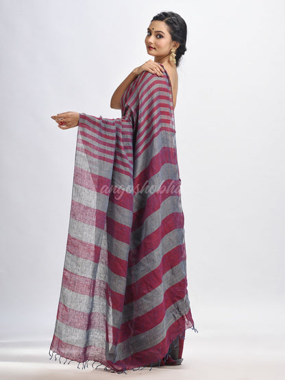 Maroon And Steel Stipe Handwoven linen handloom Saree