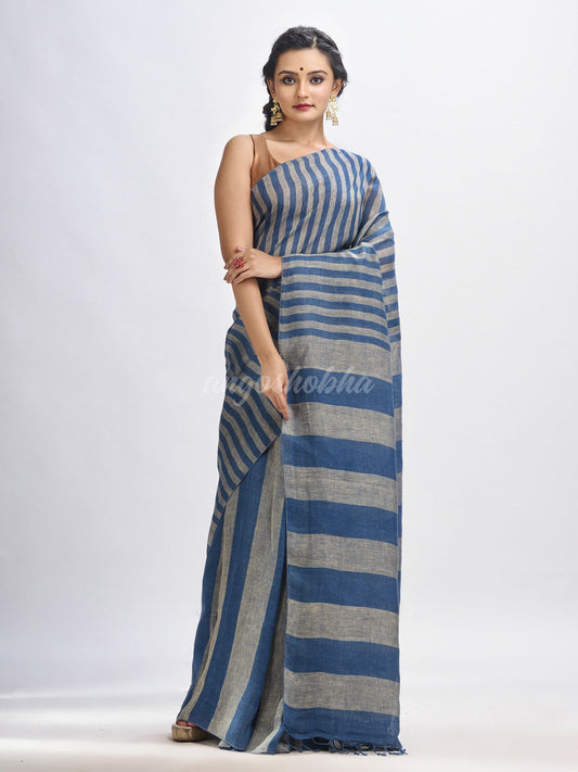 Nevy blue And muga Stipe Handwoven linen handloom Saree