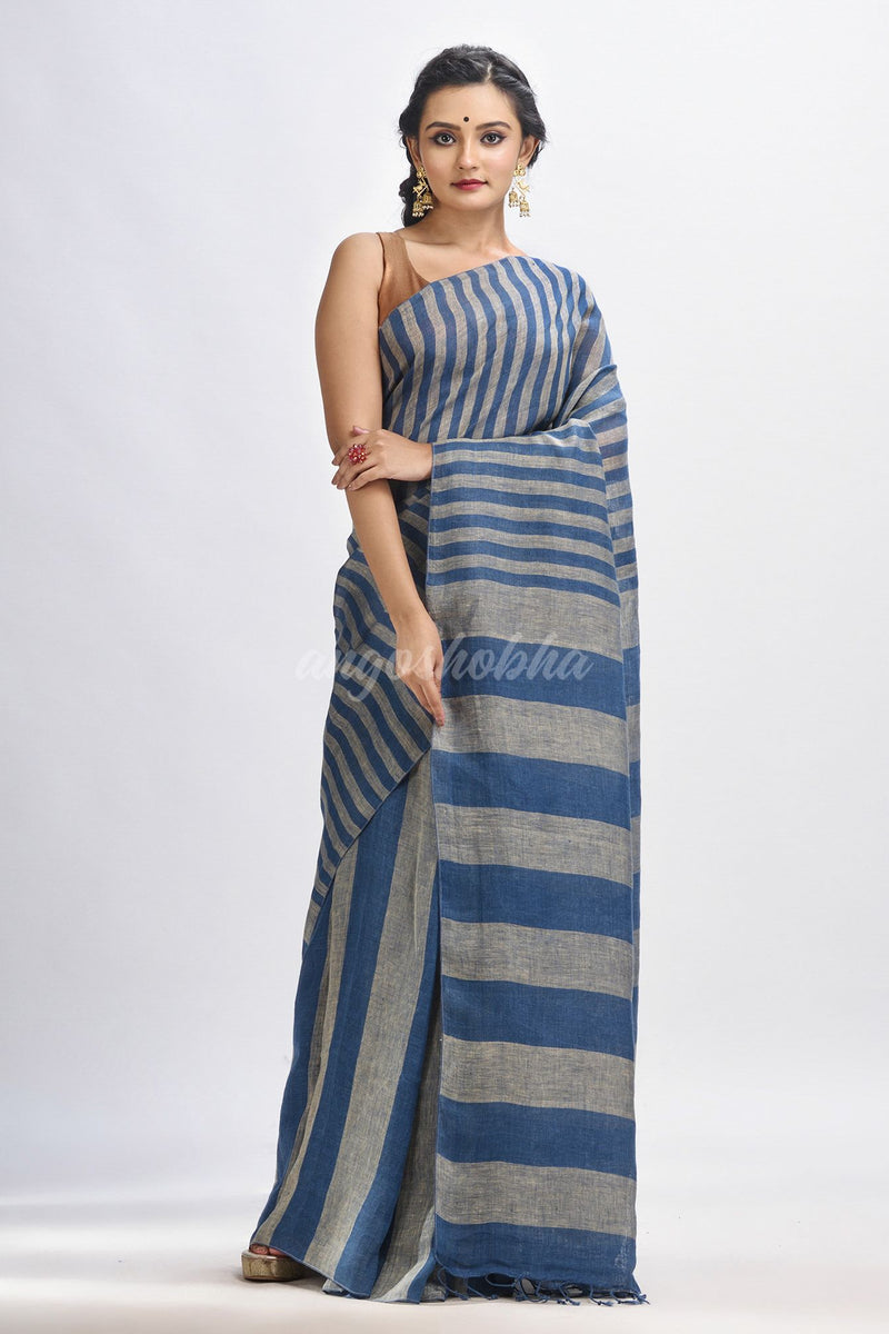 Nevy blue And muga Stipe Handwoven linen handloom Saree