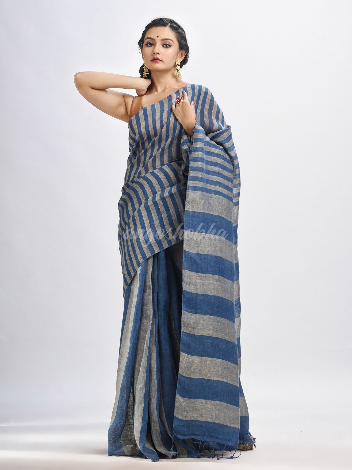 Nevy blue And muga Stipe Handwoven linen handloom Saree