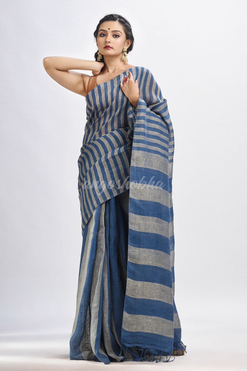 Nevy blue And muga Stipe Handwoven linen handloom Saree