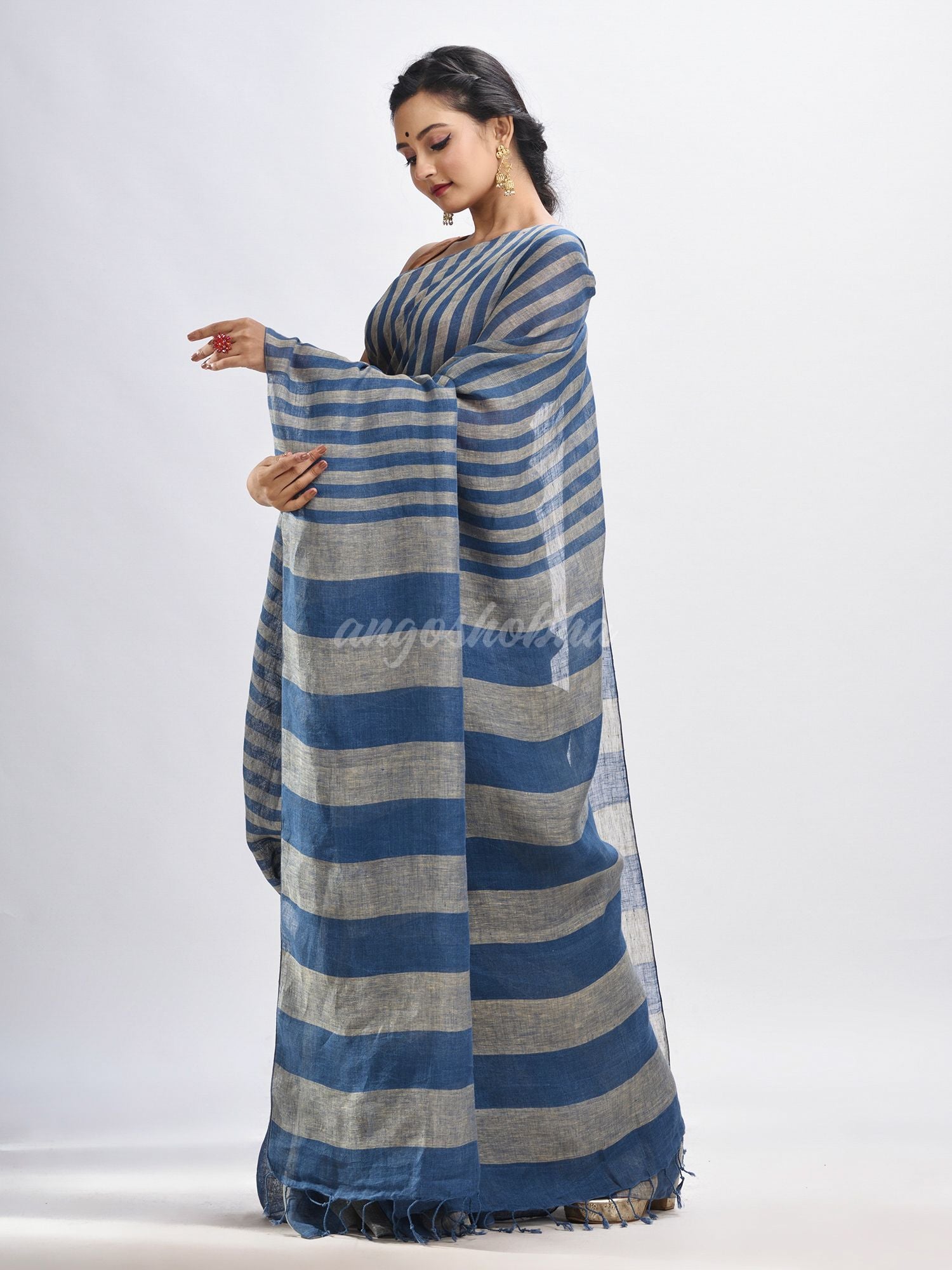 Nevy blue And muga Stipe Handwoven linen handloom Saree