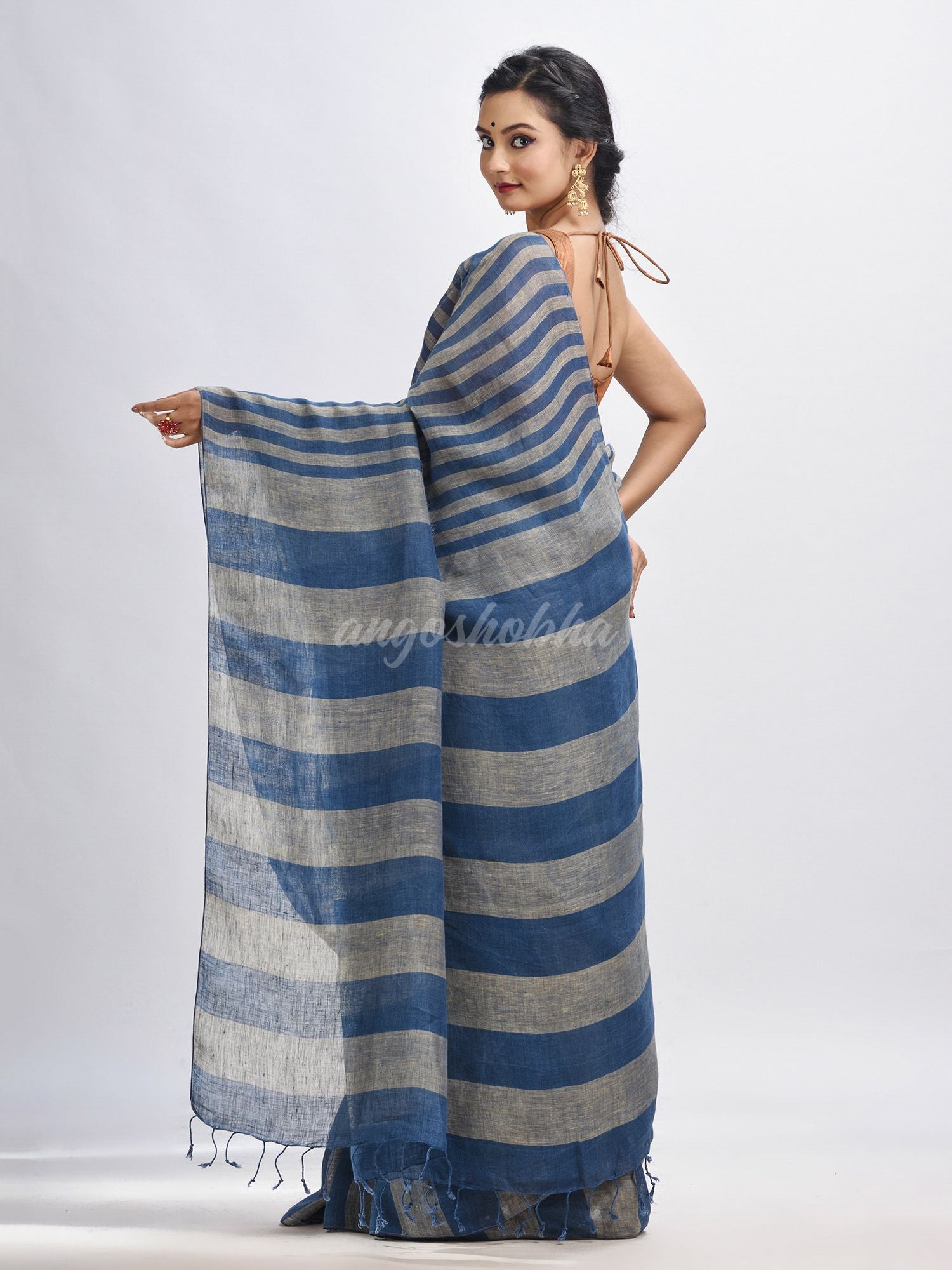 Nevy blue And muga Stipe Handwoven linen handloom Saree
