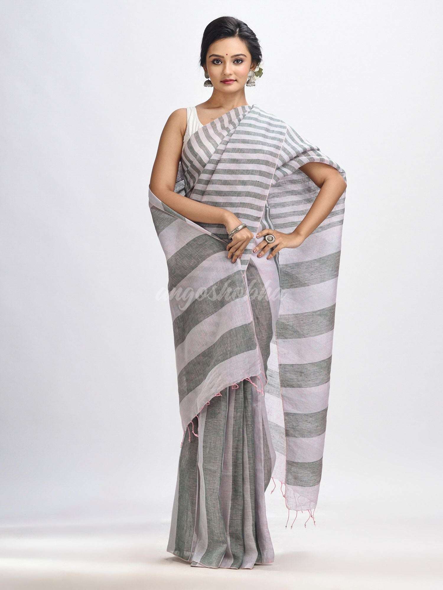 Ash And Light grey Stipe Handwoven linen handloom Saree