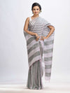 Ash And Light grey Stipe Handwoven linen handloom Saree