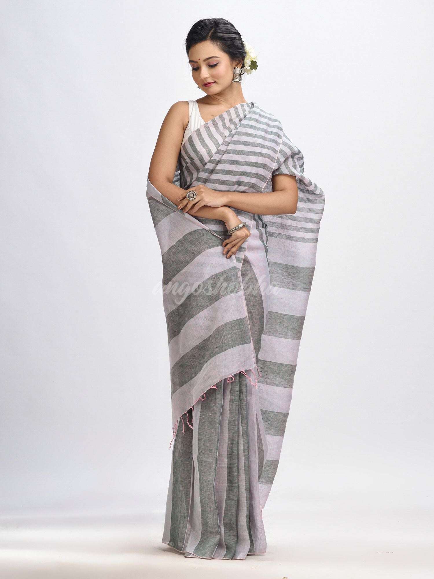 Ash And Light grey Stipe Handwoven linen handloom Saree