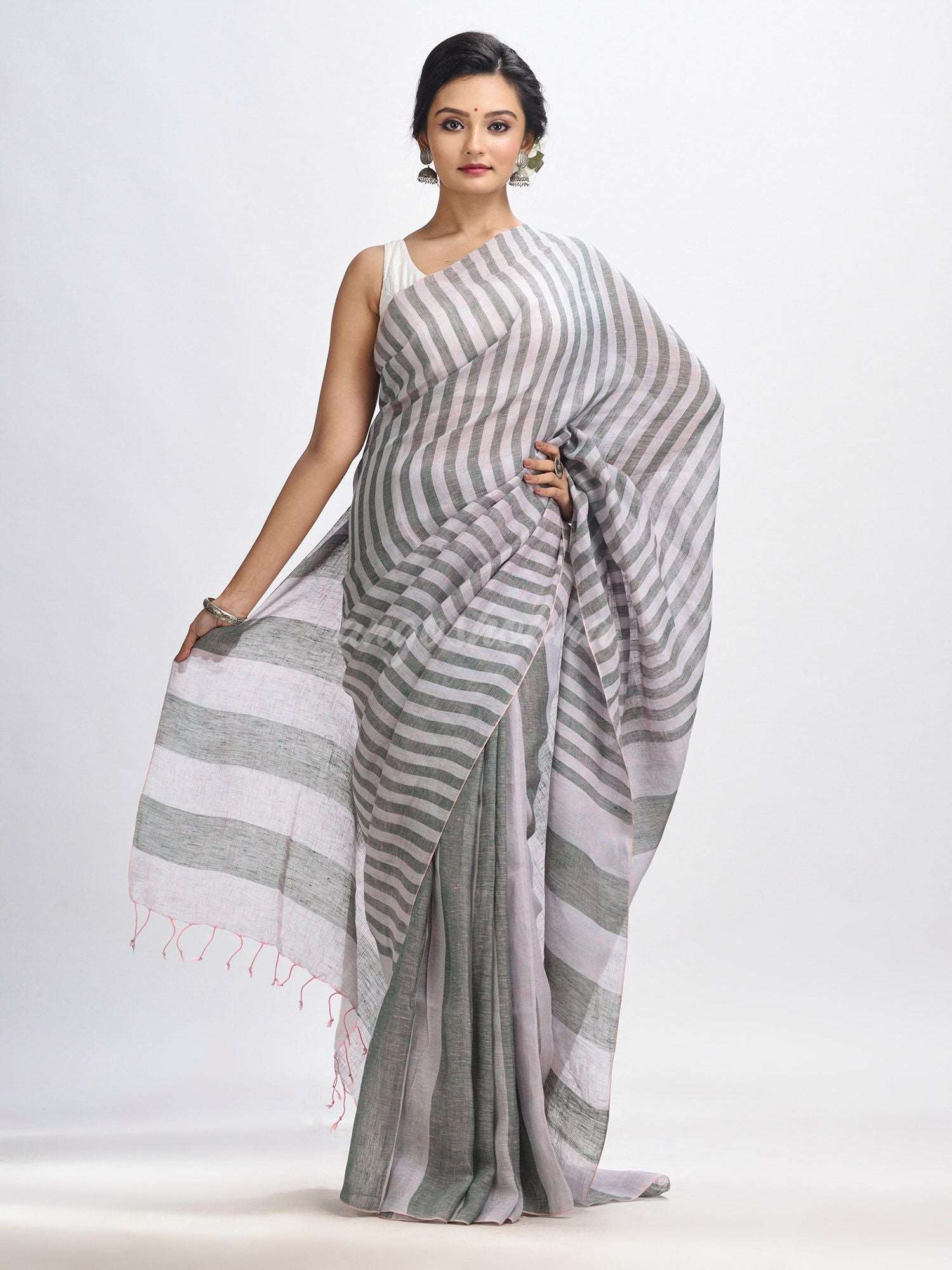 Ash And Light grey Stipe Handwoven linen handloom Saree