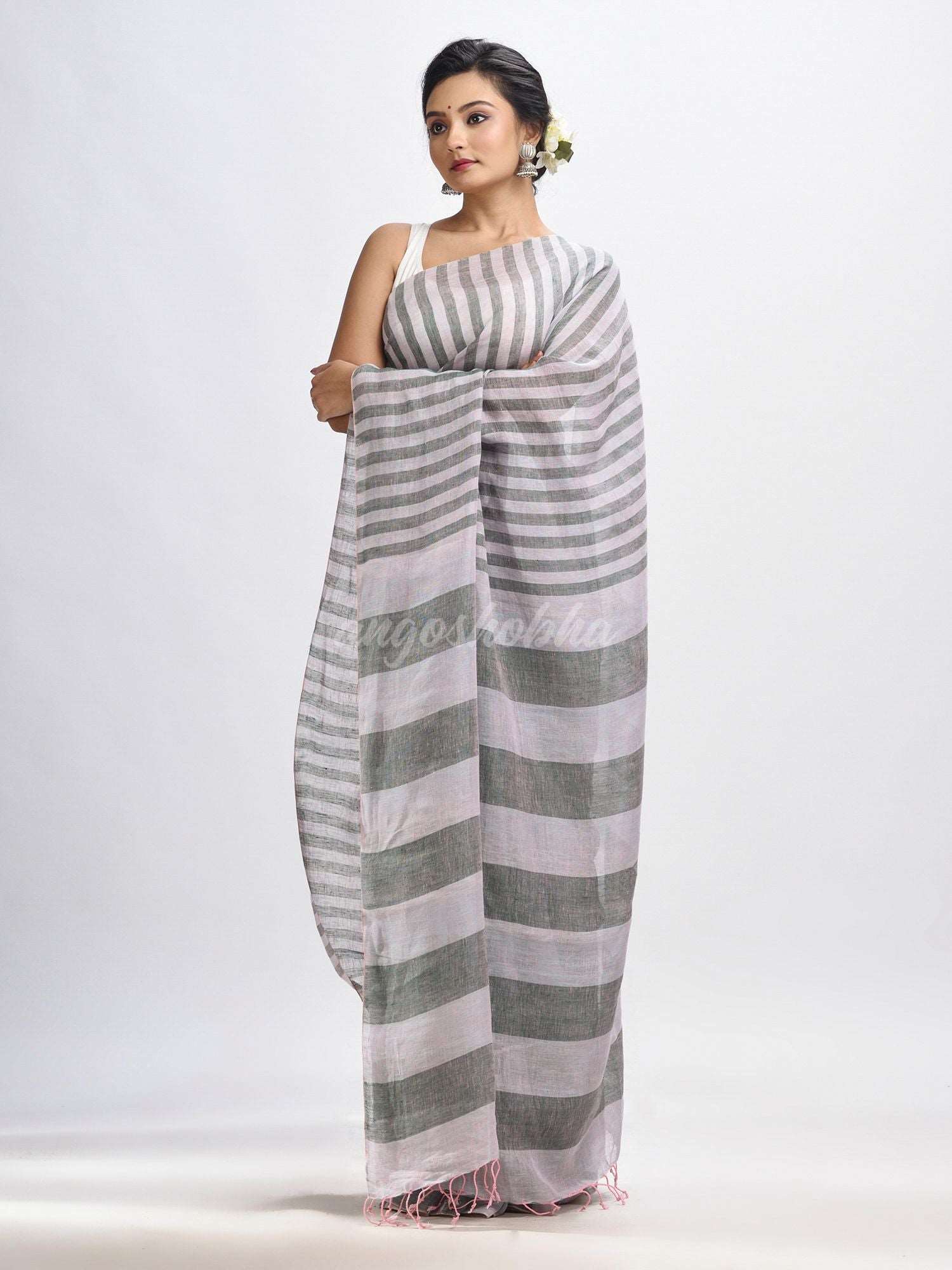 Ash And Light grey Stipe Handwoven linen handloom Saree