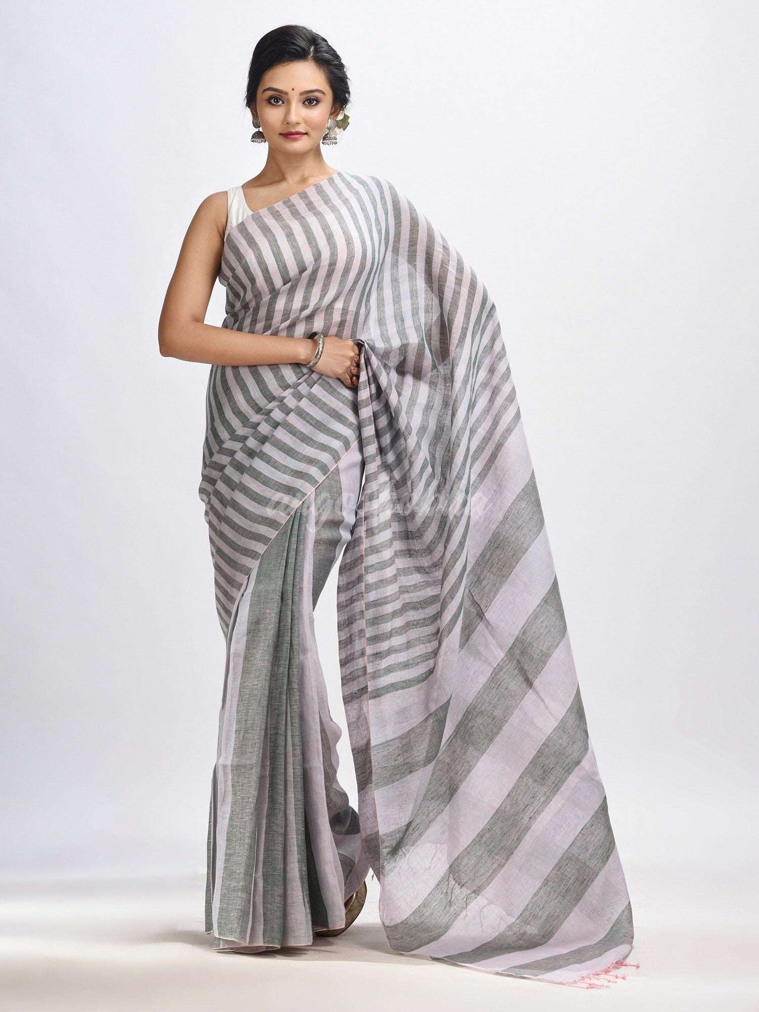 Ash And Light grey Stipe Handwoven linen handloom Saree