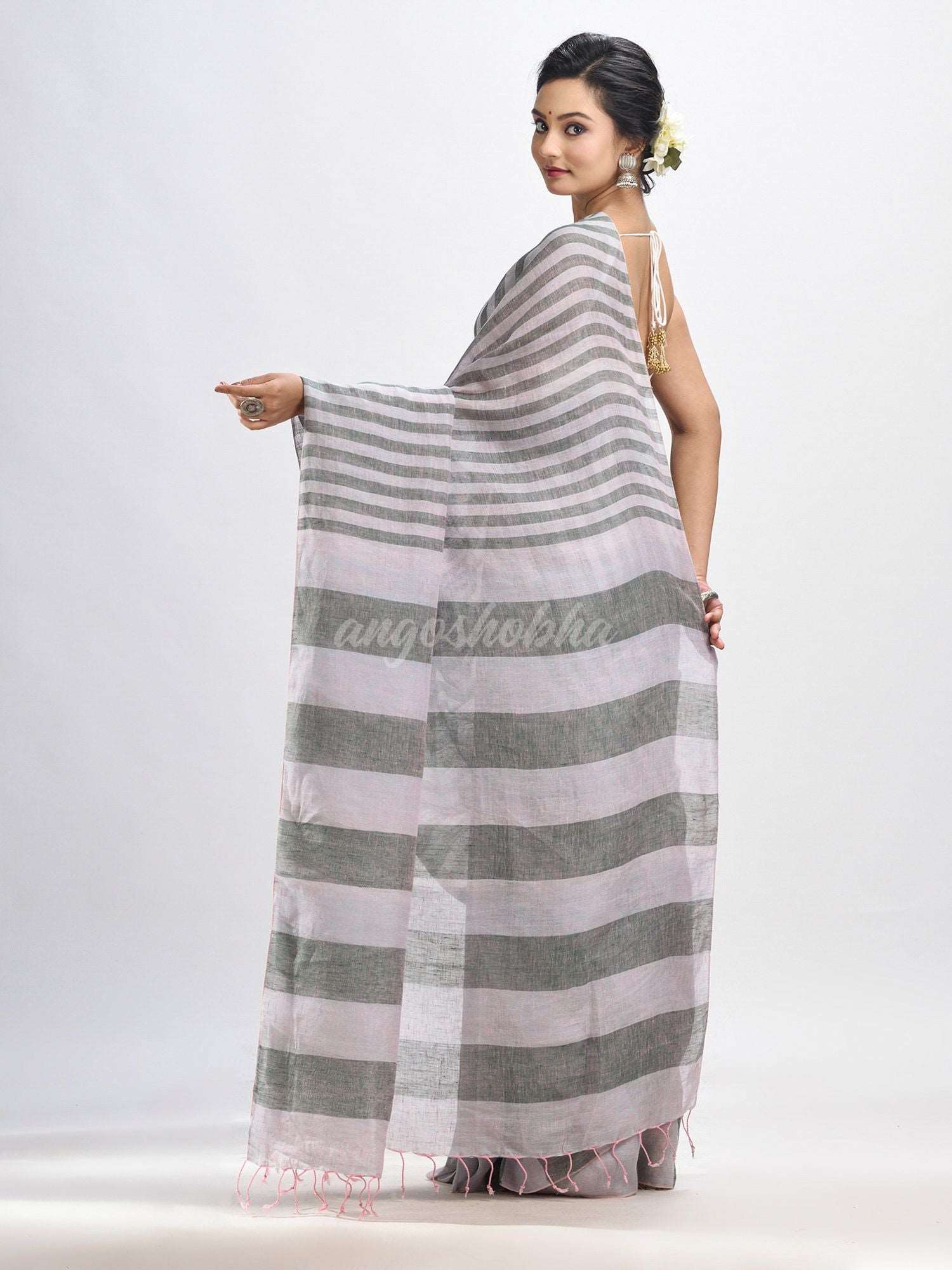 Ash And Light grey Stipe Handwoven linen handloom Saree