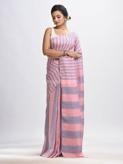 Lemonade pink And Glaucous Stipe Handwoven linen handloom Saree