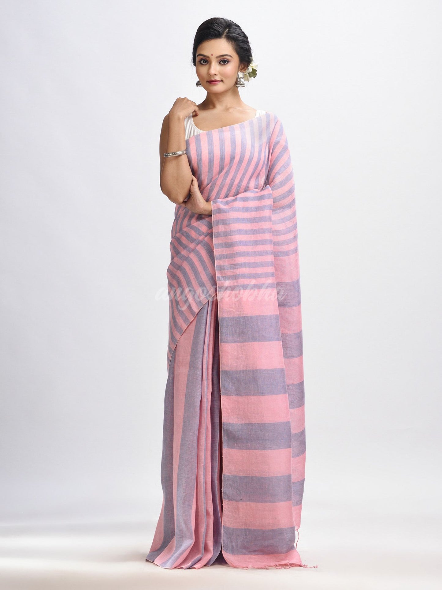 Lemonade pink And Glaucous Stipe Handwoven linen handloom Saree