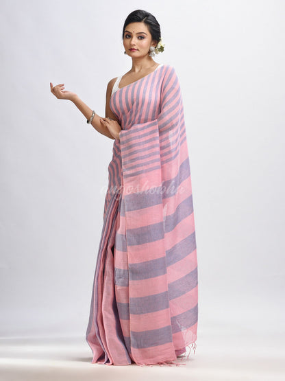 Lemonade pink And Glaucous Stipe Handwoven linen handloom Saree