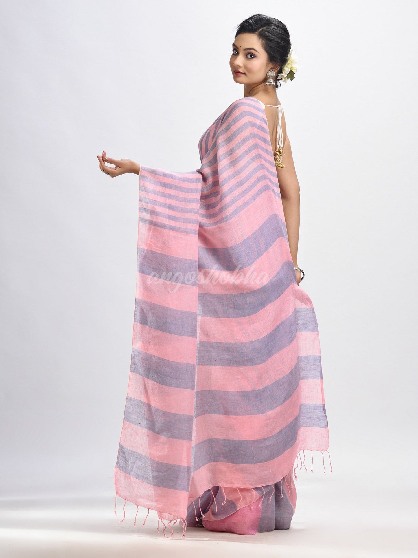 Lemonade pink And Glaucous Stipe Handwoven linen handloom Saree