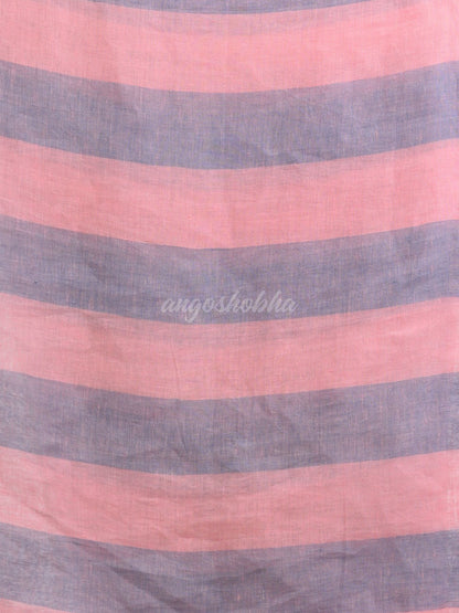 Lemonade pink And Glaucous Stipe Handwoven linen handloom Saree