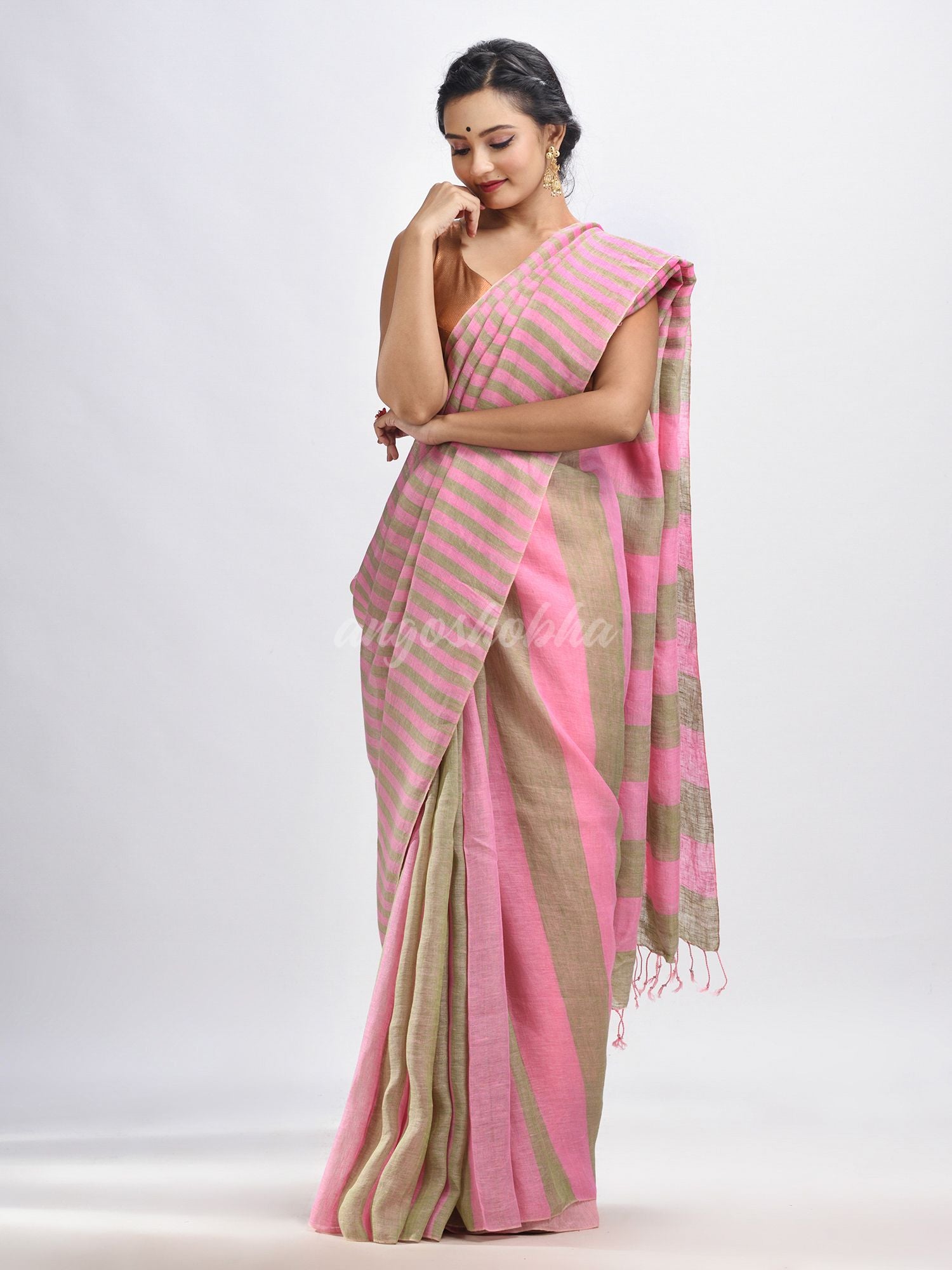 Hillside green And pink Stipe Handwoven linen handloom Saree