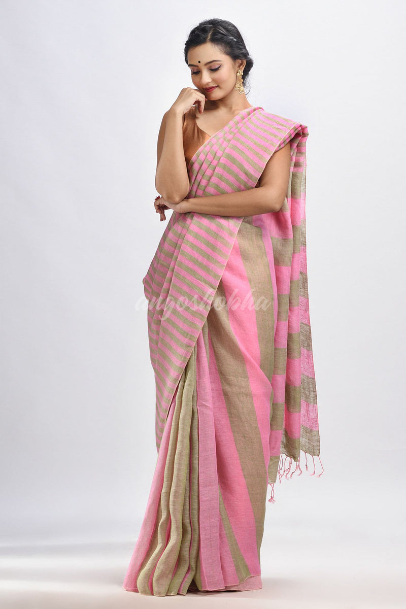 Hillside green And pink Stipe Handwoven linen handloom Saree