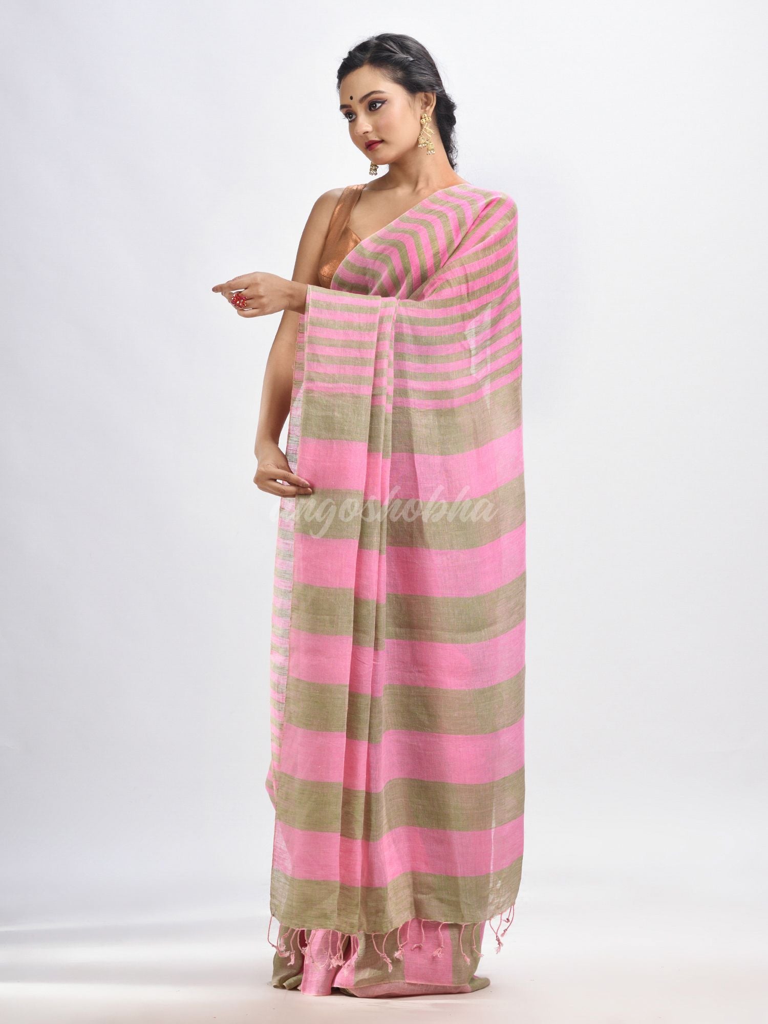Hillside green And pink Stipe Handwoven linen handloom Saree