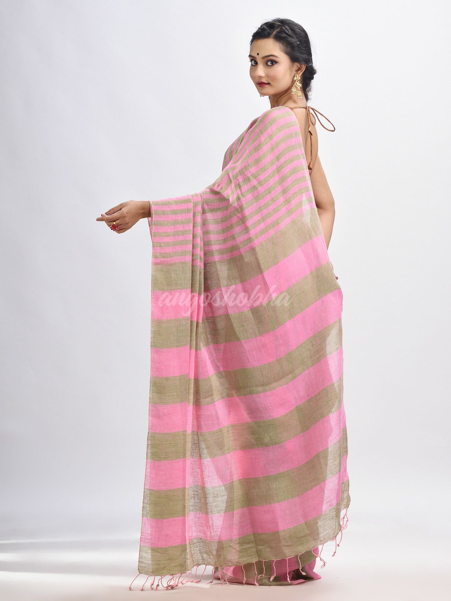 Hillside green And pink Stipe Handwoven linen handloom Saree