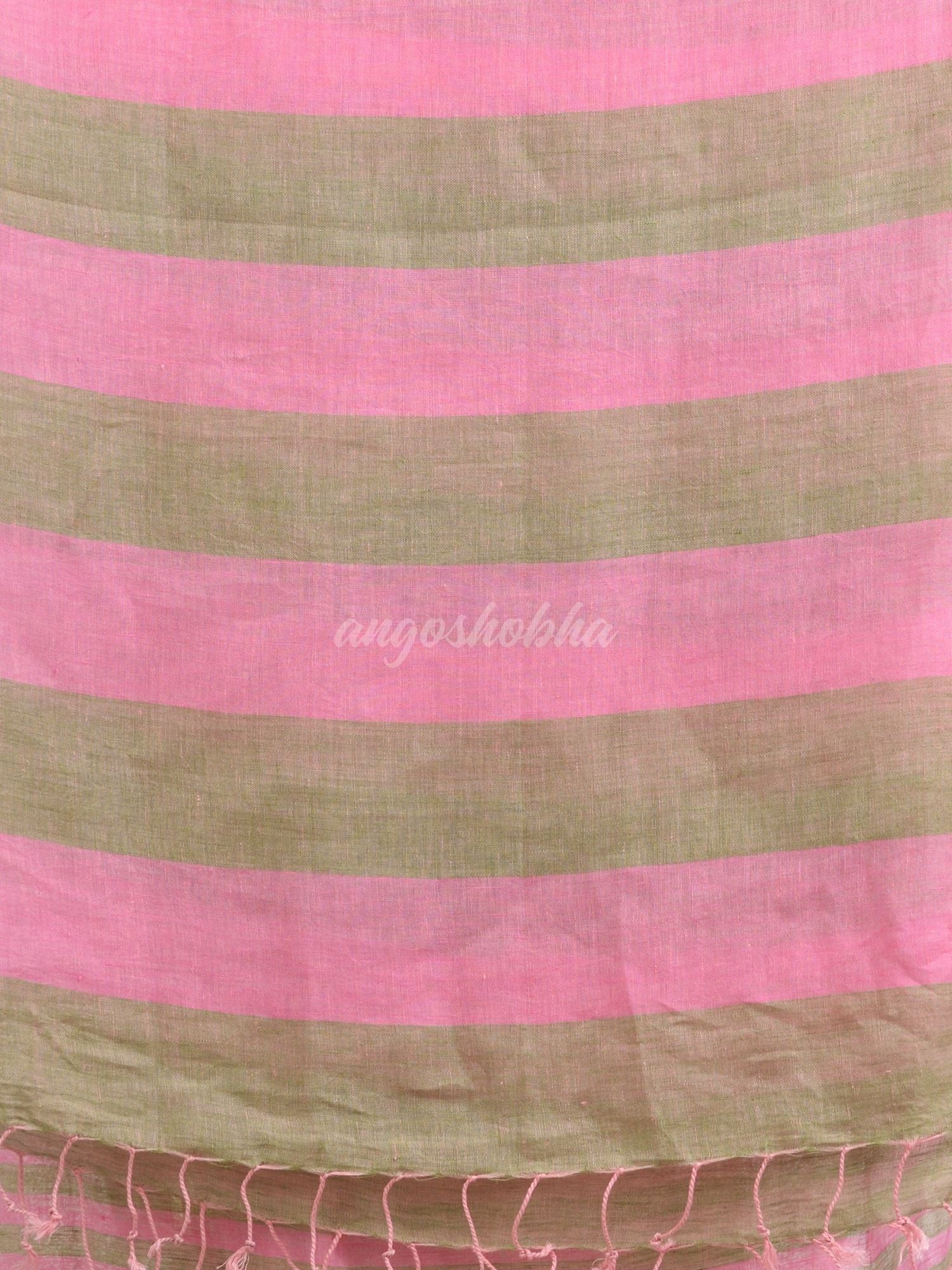 Hillside green And pink Stipe Handwoven linen handloom Saree