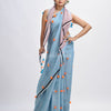 Sky blue linen all body pom pom with pallu stipe handwoven saree