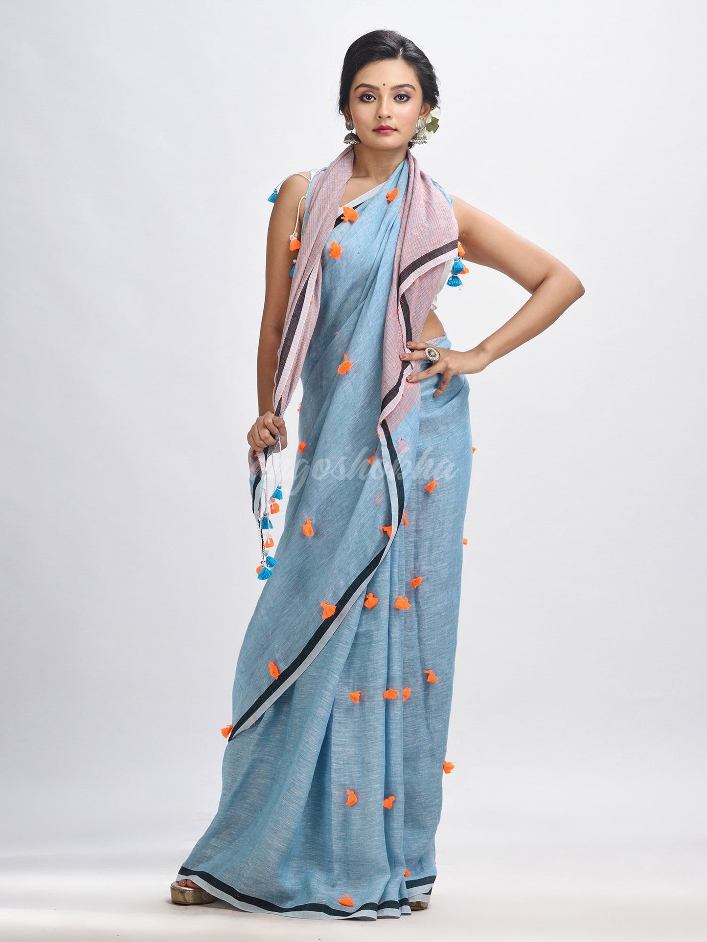 Sky blue linen all body pom pom with pallu stipe handwoven saree